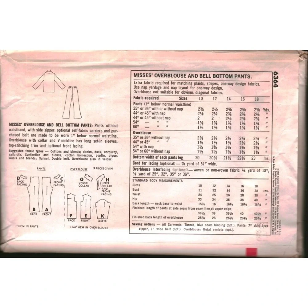Vintage 1965 Simplicity 6364 Sewing Pattern Misses Overblouse Bell Bottom Pants